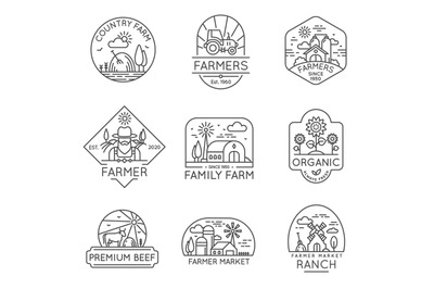 Farm organic product line label and logo with field and barn. Fresh fo