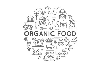 Organic food label for farmer market with agriculture line icons. Roun