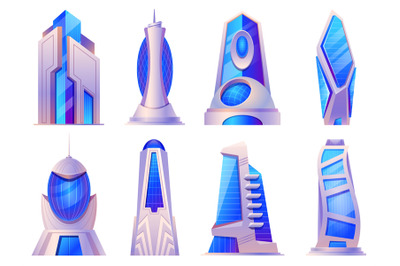 Cartoon futuristic city buildings and skyscrapers glass construction.