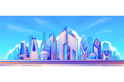 Cartoon futuristic smart city landscape with glass skyscrapers. Modern