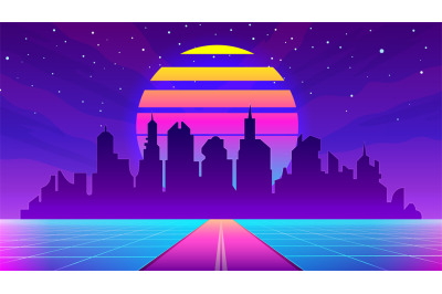 Retro 80s futuristic city landscape with sunset, grid and highway. Vir