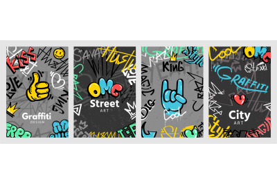 Abstract street art posters with graffiti style slogans. Urban wall sp