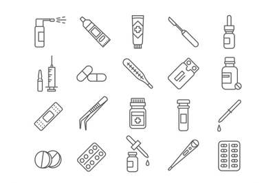 Line medical drug, vaccines, bottles and pills icons. Syringe and ampo