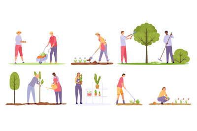 Flat people characters planting trees and flowers in garden. Ecology v