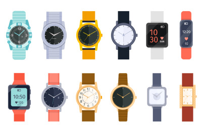 Flat modern, classic and luxury wrist watches with bracelet. Smart wat