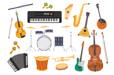 Flat musical instrument, guitar, accordion, drum, saxophone and flute.