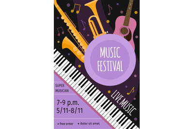 Live music festival event poster with guitar, saxophone and keyboards.