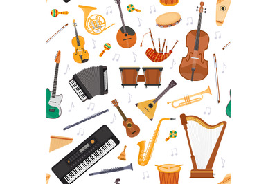 Seamless pattern with flat musical orchestra instruments and notes. St