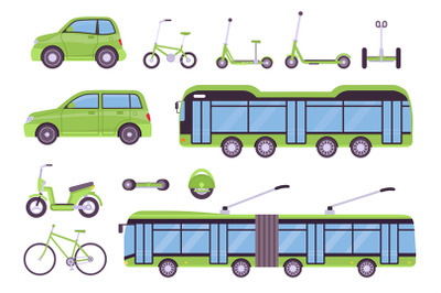 Flat eco transport electric bus&2C; cars&2C; scooter&2C; bicycles and board. Ur