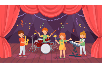 Cartoon kids music band on theatre stage with curtain. Boys playing dr