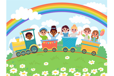 Cartoon kindergarten happy kids ride on toy train. Happy children sitt