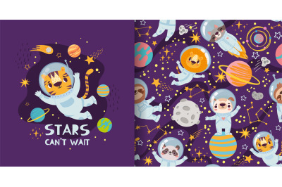 Cute cartoon animals in space, pajamas print and pattern design. Astro