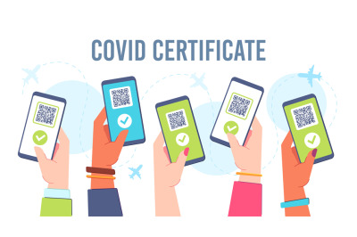 Hands with phone digital covid 19 certificate, vaccine green pass. Hea
