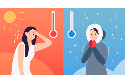 Hot and cold weather concept with thermometers and cartoon character i