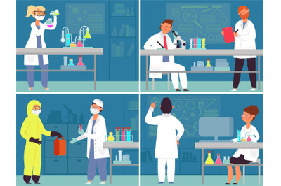 Medical laboratory characters. Lab work&2C; medicines research equipment.