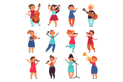 Child musicians. Children play instruments, music kids group. Isolated