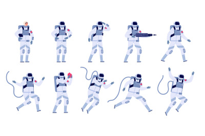 Cartoon astronaut. Flat astronauts group, astronomy party characters.