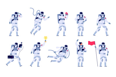 Astronaut characters. Cosmonaut motion work, astronauts with helmet an