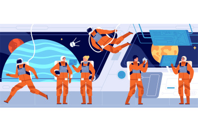 Spaceship crew. Ship station interior, spacecraft cabin dashboard and