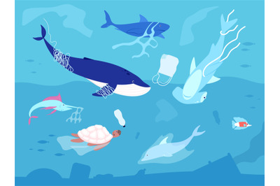 Ocean plastic pollution. Sea plastics, animal wildlife and water pollu