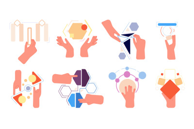 Cooperation metaphor. Hands collect abstract geometric shapes. Busines