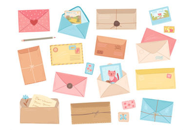 Cartoon envelopes. Flat envelope, pen or pencil for hand lettering. Pa