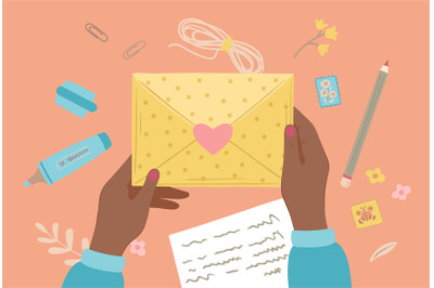 Cartoon letter writing. Hand prepare letters, postal graphic elements.