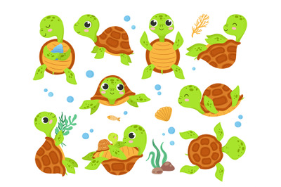 Cartoon turtles. Animal tortoise, smiling turtle different poses. Walk