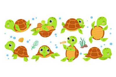 Turtle characters. Cartoon tortoise, smile turtles running. Isolated c