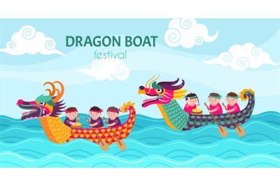 Dragon boat festival. Dragons boats cartoon boys, chinese boating wate