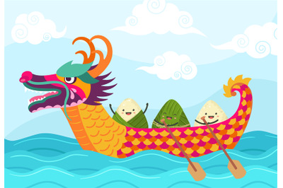 Chinese boat festival. Dragons festivity ship, cartoon asian food symb