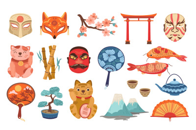 Flat japanese elements. Traveling symbols japan&2C; cute travel elements.