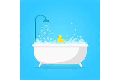 Cartoon bathtub with foam. Cute white tub, shower soap bubble and duck