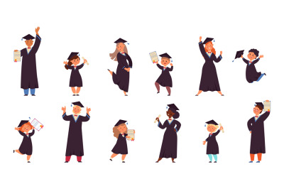 Children graduates. School graduation, cheerful kids holding diploma.