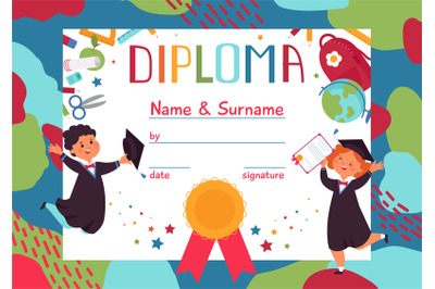 Kids diploma. Children graduation, fun cartoon boy and girl. Happy pre