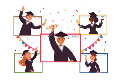 Online graduation. Virtual party, people celebration on video. Graduat