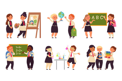 Kids on lessons. School girl on lesson, science children characters. C