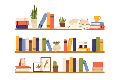 Book shelves. Rack books&2C; interior bookshelf with cat&2C; plants in pot a