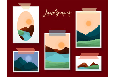 Contemporary landscape cards. Natural landscapes, mountain on day or n