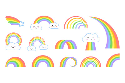 Rainbows. Cartoon flat rainbow icons&2C; funny symbol with kawaii face cl