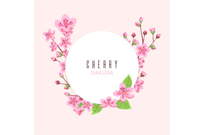 Sakura blossom. Peach cherry flowers&2C; pink floral banner template. Cut