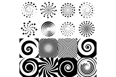 Swirl elements. Hypnotic geometric sign, black halftone rounds. Isolat