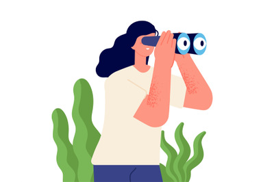 Girl looking binocular. Watching future, happy woman holding spyglass.