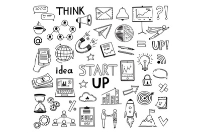 Doodle business collection. Sketch marketing icons, hand drawn startup