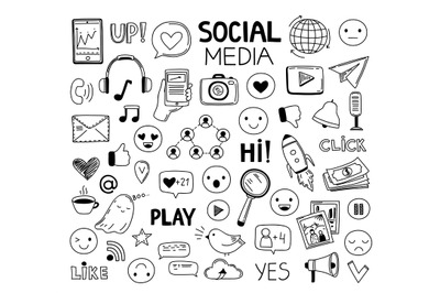 Doodle social media icons. Drawing symbols, website sketch art. Networ