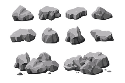 Cartoon natural stones. Boulder rock, stone and rubble pile. Isolated