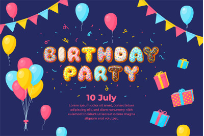 Birthday kids party banner. Balloons card&2C; invitation baby festive. Gi