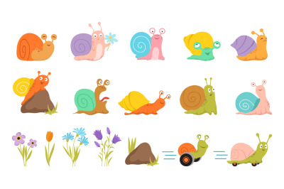 Cartoon snail and flowers. Floral insects, isolated stone grass cute s