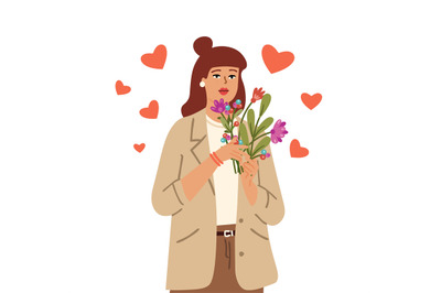 Self love concept. Love yourself, woman hold flowers. Season bouquet,