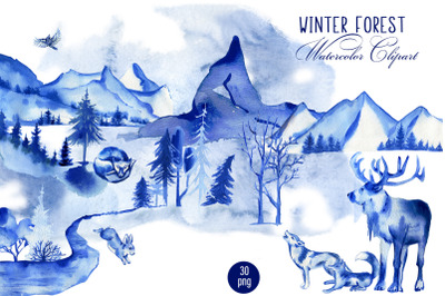 Winter Mountain Landscape Watercolor Clipart